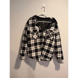 U.S. Life Mens Black White Plaid Hooded Flannel Jacket Quilted Lining Size M